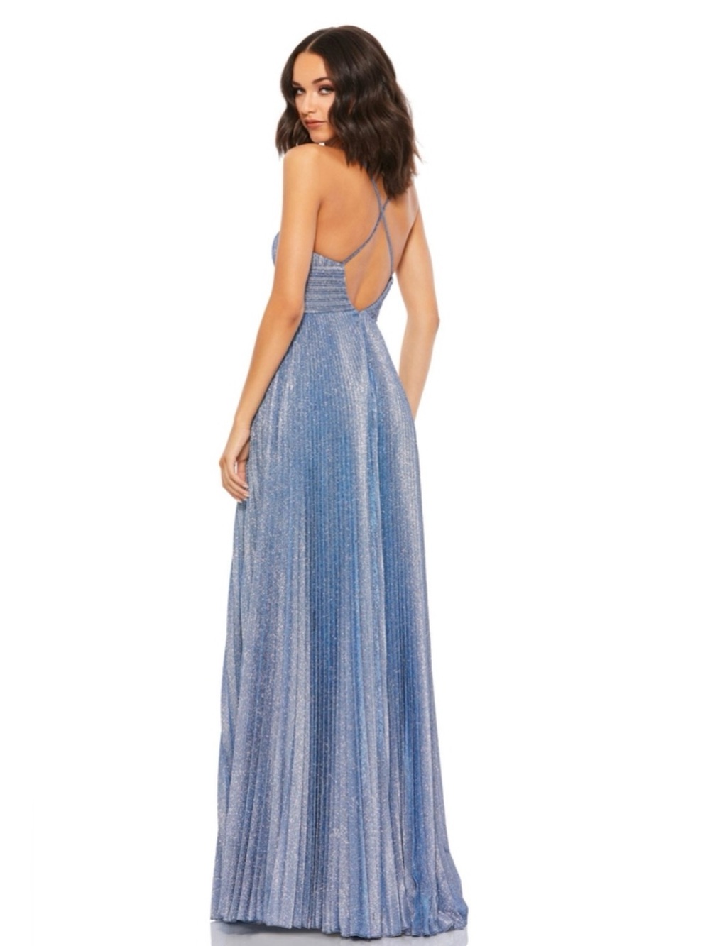 Mac Duggal Metallic Navy Pleated Deep V Evening Gown - Picture 2 of 9